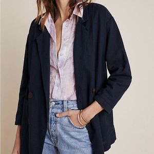 NWT Anthropologie Navy Blue Kaye Shine Linen Relaxed Fit Blazer Jacket